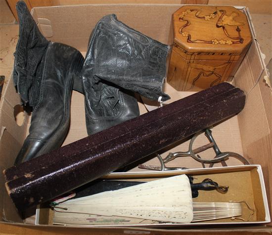Leather boots, tea caddy, fans etc